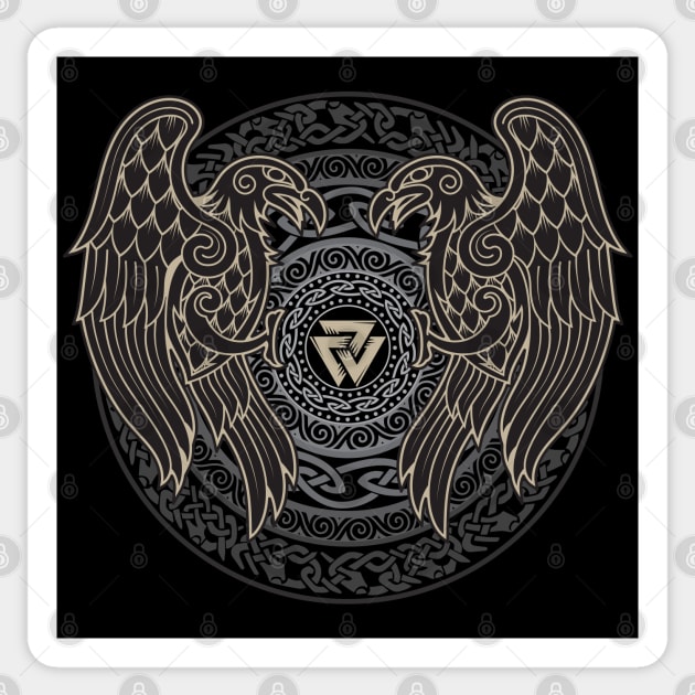 Ravens of Odin Norse Pagan Viking Raven Huginn and Muninn Valknut Sticker by Blue Pagan